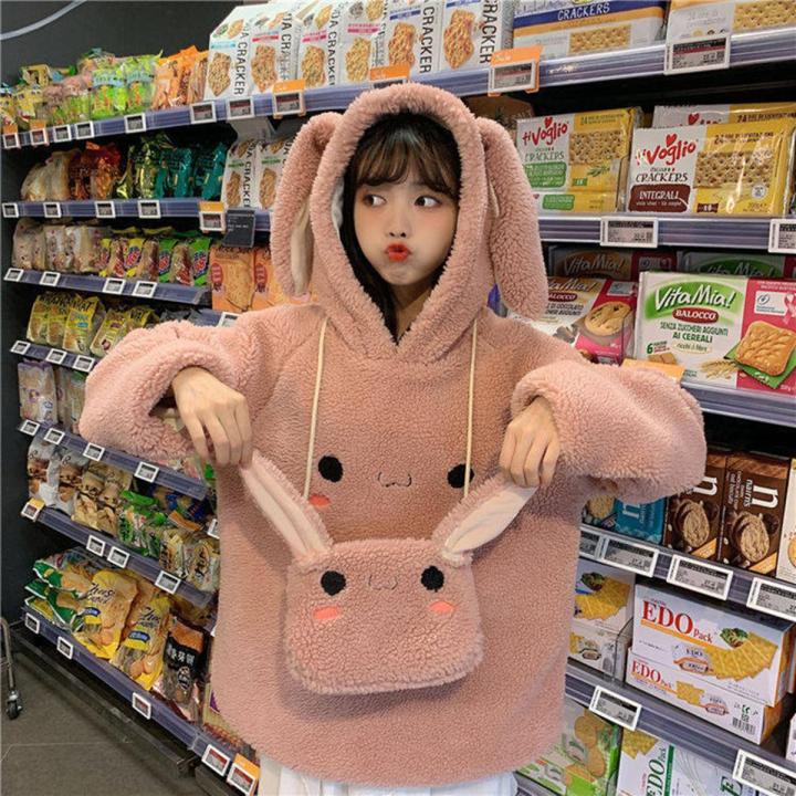 Winter Hooded Women Cute Rabbit Ear Student Hoodie Full Sleeve Sweet Warm Hoody Bunny Cartoon White Coat Fashion New Streetwear