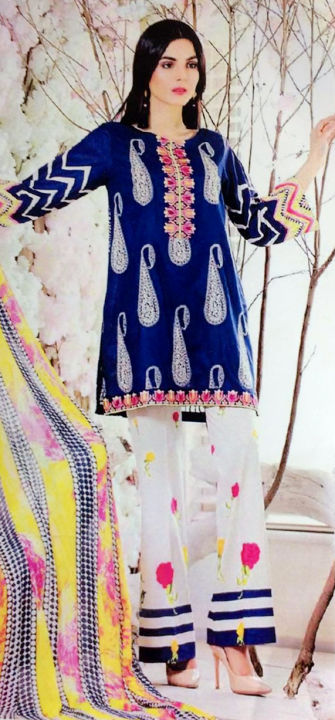 Summer Blue Luxury Lawn Embroidered design 3Pcs Suit UN-STITCHED For Women with printed Chiffon Dupatta
