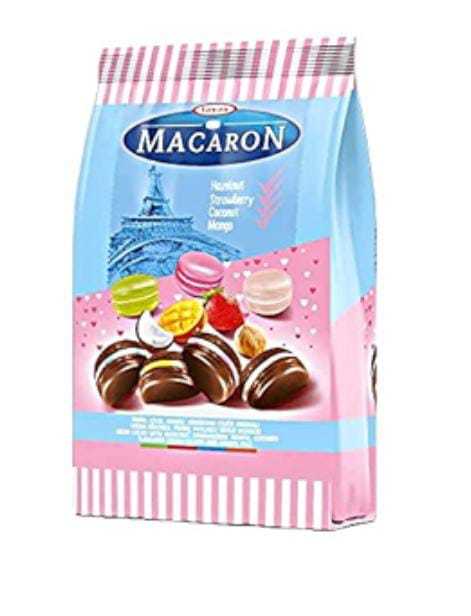 Macarons by Taya's , vegetarian , halal , made in Turkey, packet of different flavours : hazelnut , starwberry , mango , coconut