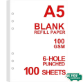 A5 Blank Paper 6-Holes Punched, 100 Sheets (200 Pages), 100 gm, Binder Paper-Ring Hole Punch Blank Refill Paper-Printing Paper. 