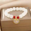 Douyin longevity lock safe lock bracelet white jade beaded female niche design Chinese style literature retro bracelet. 
