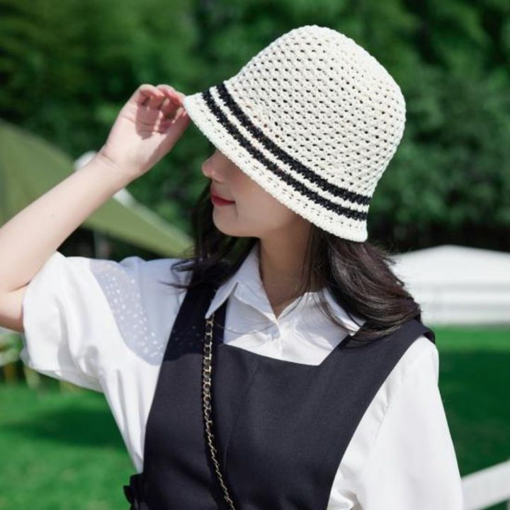 Ladies Bucket Hat Stylish Patchwork Stripes Papyrus Summer Hat Anti-sun Cool Fashion Bucket Hat Lady Sun Hat Outdoor Supply