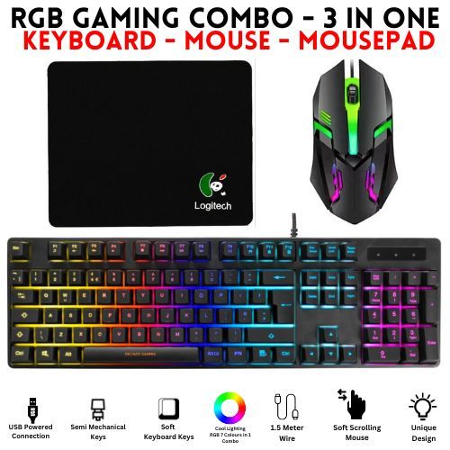RGB Gaming Keyboard -  Mouse & Mousepad 3 in 1 Combo - 7 Colour Wired RGB Mouse and Keyboard Set - USB Wired Pack For PC & Laptop -  Black