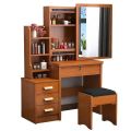 Simple Brown Modern Dressing Table Set with Mirror, Drawer Lock, and Tufted Stool - Wooden Beauty for a Stylish Home. 