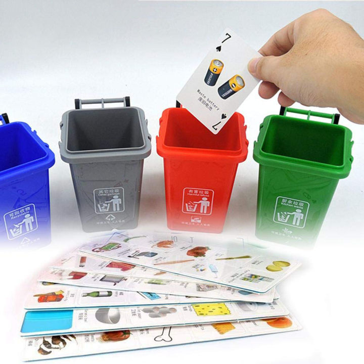 Bocotoer Mini Dustbin Mini Trash Can Rubbish Storage Bin with Flip Lid Garbage Sorting Game Toy for Kids with Letter Stickers,Pack of 4