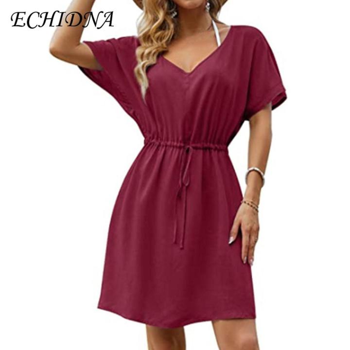 ECHIDNA women's elegant dress solid color Nude Color V Neck Waist Tight Above-knee Party Dress