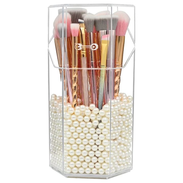 Acrylic Makeup Brush Holder With Pearls, Cosmetic Brush Case With Dustproof Lid, Countertop Brushes Holder