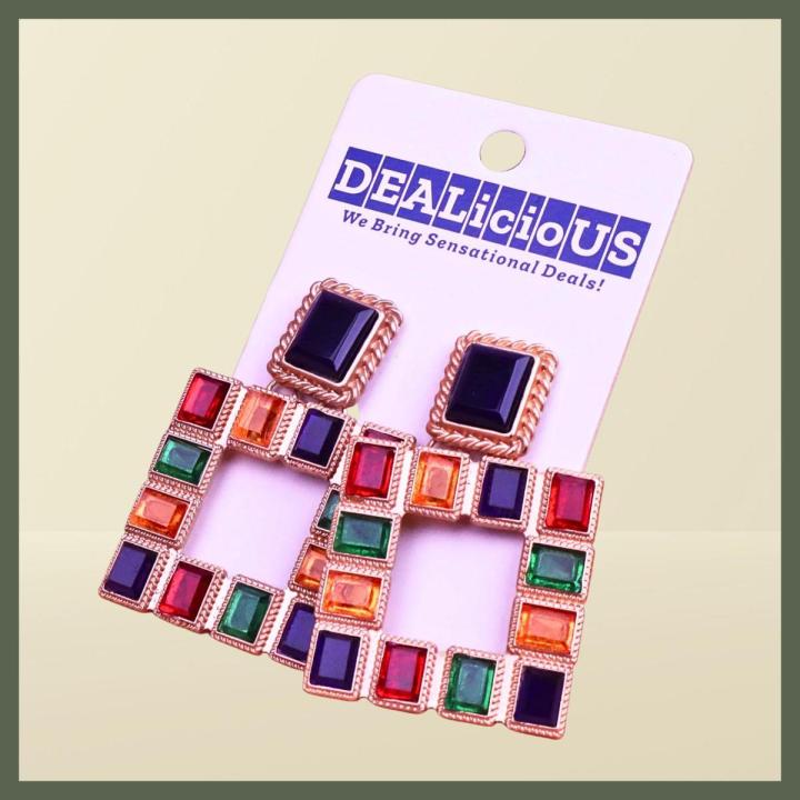 DEALicioUS Multi Stone Square Dangle Drop Earrings For Women