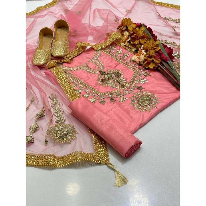 Arrival collection  Most beautiful collection  Kataan gota kinari work shirt along beautiful same design kinari  work duppata same kataan plain trouser