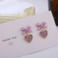 Pink Purple Bow Love Shape Temperament Female Earrings Simple Sweet Japanese And Korean Fashion Small Fresh Frosted Heart-shaped Earrings 1Pair. 