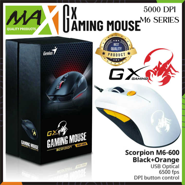 RGB Gaming Mouse Genius GX. Mouse with Free GX Gaming Scorpion Mouse Pad - 5 Buttons And 5000 DPI – High Performance USB Wired Mouse.White and Orange.Available at an affordable price on Max Shop.