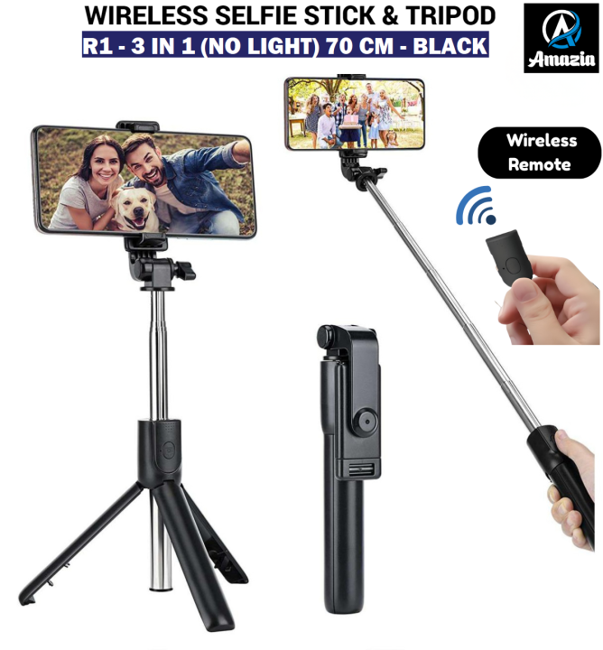(Original Quality) R1S 70cm Selfie Stick With Rechargeable LED Light 4 In 1 Wireless Selfie Stick Tripod Stand Bluetooth Remote Shutter Foldable Selfie stick For All Phones Tripod Stand Videos Photography , Traveling , Tiktok ,  YouTube , Vlogs