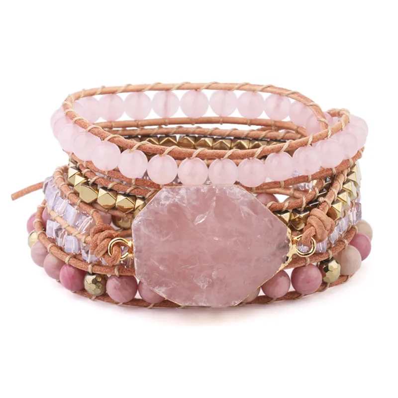 Natural Stone Bracelet Pink Quartz Leather Wrap Bracelets for