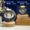 3D Laser Engraved Crystal Ball LED Night Light with Wooden Base - Solar System and Galaxy Design, USB Powered, 6/8 cm Ornament. 
