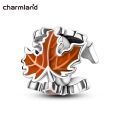 Space Charms Beads 925 Sterling Silver Fits Original Pandora Bracelet Brown Color Maple Leaf Foliage Charm For Women Jewelry DIY. 