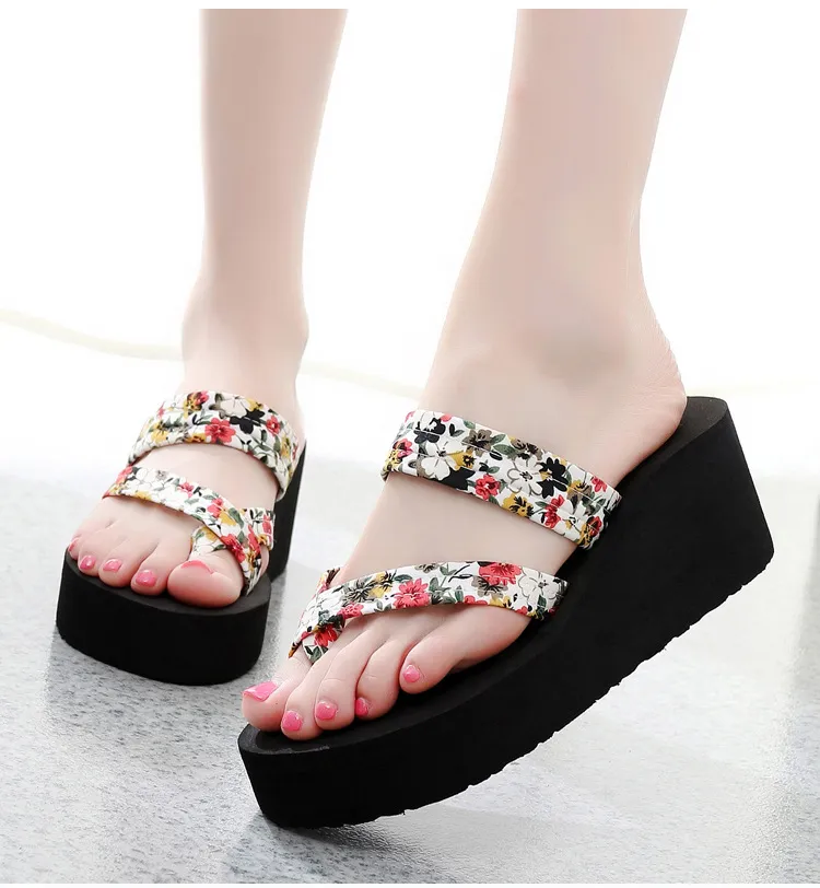Women floral Flip Flops Slippers High Heel Platform Wedge Thick