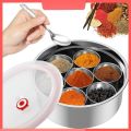 Imported Stainless Steel Round Masala Dabba Spice Storage Box for Kitchen 7 Deep Katori With Box And Silicon Lids. 