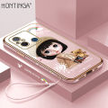 Hontinga for Redmi 12C Back Cover（Free Lanyard）Luxury 6D Plating Cartoon Satchel Girl Side Pattern Case Soft Silicone Square Mobile Cover. 