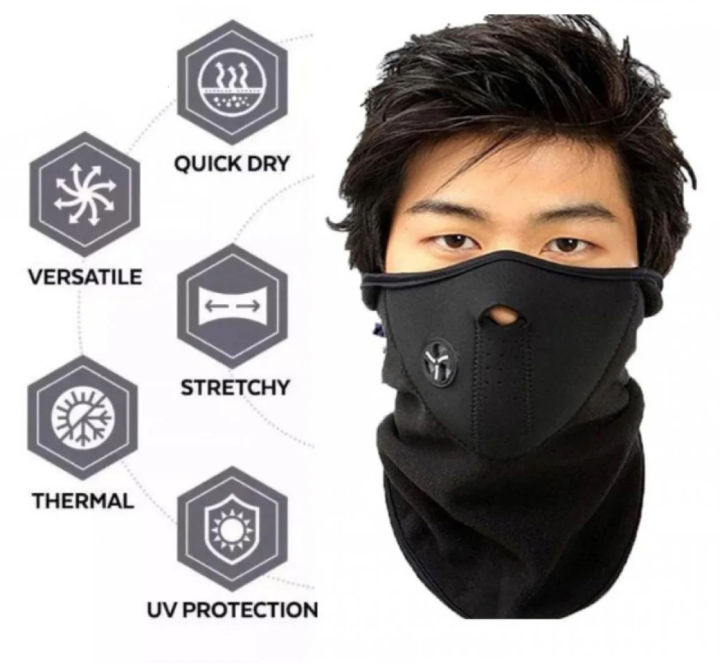 Neoprene Half Thermal Face Mask For Bikers Velcro Fitting Fleece Nylon Material Winter Summer All Season Usage Unisex Product Sun Radiation Protector With Fresh Air Ventilation - Black