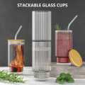 improted Glass Cups 16oz Ribbed Drinking Glasses with Lids and Glass Straws Glassware for Juice Cocktail  Iced Coffee Cups. 