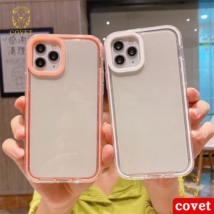COVET 3-in-1 high quality Macaron Transparent Shockproof Bumper Phone Case compatible for iPhone 14 11 12 13 Pro Max XR 14 Plus Phone Case Cover Candy Color Clear Case Back Cover