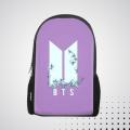 BTS ARMY BAG | Bag for College | Girls college bags | Backpack for BTS | BTS Bags | Pink bag for girls | bts lover , bts , purple lover , bts white logo  with white bts text very light purple  background design backpack. 