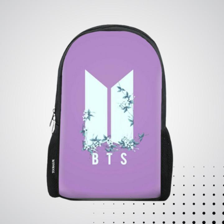 BTS ARMY BAG | Bag for College | Girls college bags | Backpack for BTS | BTS Bags | Pink bag for girls | bts lover , bts , purple lover , bts white logo  with white bts text very light purple  background design backpack