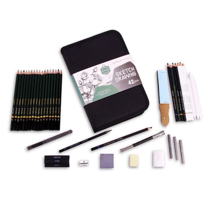 Keep Smiling Sketch Drawing Set Of 42 Pcs (26 Pencil 6 Sticks 3 Stumps 3 Eraser 1 Sharpener 1 Sand Paper 1 Cutter 1 Extender 1 Carry Case)