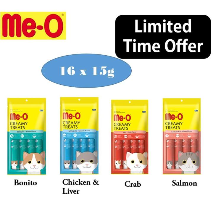 4 PACKS OF ME-O CREAMY TREATS  OF 4 STICKS EACH (TOTAL 16 STICKS) OF CHICKEN & LIVER, SALMON, CRAB AND BANITO FLAVORS