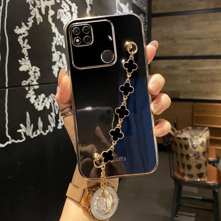 For Xiaomi Redmi 10C Back Cover with Bracelet Wristband Luxury Clover Chain 6D Plating Frame Shiny Girls Cases Soft Silicone Square Protective Mobile Phone Case