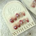 10Pcs XS S M L Love Bow Handmade Nails Luxurious Full Cover with Rhinestone Press on Nails Pink White Lines with Tool Box Pure Manual False Nail Women Girl. 