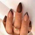 24Pcs Mid-length False Nails with Almond Head Design Brown Gold Lines Nails Oval Wearable French Press on Nail Tips. 