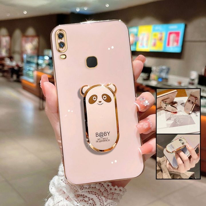 FELMYST Plating Panda Case For Vivo Y11 2019 Luxury Cute Bear Brand Gold Plated Holder Mobile Phone Casing Square Ring Fold Stand Girl Boy Gift Soft shockproof Cover Cases