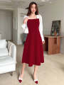 TWO TONE SQUARE NECK BISHOP SLEEVE DRESS. 
