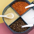 【FUN LIVE】 4 In 1 Plastic Seasoning Box With Spoons Clear Cover Multi Compartment Herb Spice Jars Pots Condiment Storage Container. 