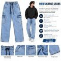Acid Wash Light Blue (Sky) Baggy Cargo Jeans for Men & Boys – Loose Fit Multi-Pocket Denim Trousers. 