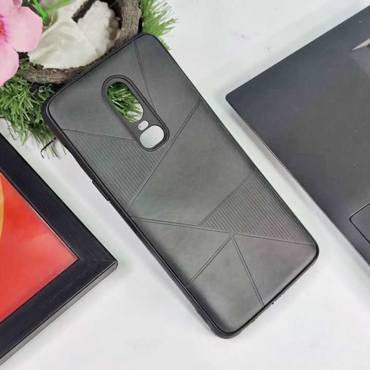 OnePlus 6 Cover - Black - Leather Texture Shockproof Case with Soft Border