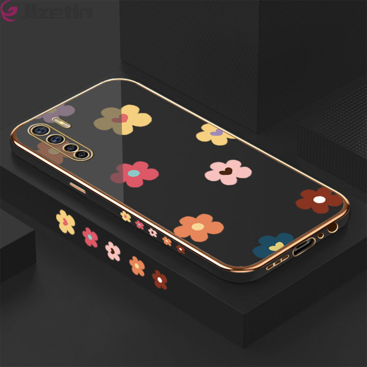 Jizetin (Free Lanyard) for OPPO F15 / OPPO A91 Back Cover Falling Flowers Luxury 6D Plating Case Side Pattern Soft Silicone Square Phone Cases