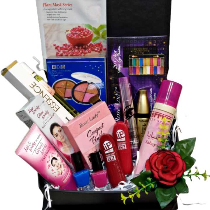 gift box for girls / cosmetic gift box for women  / makeup deal for her - 15 products - face powder / liner / mascara / lipstick / peel off nail polish /  pen perfume / eyeshade  / blush on /  bodyspray / cream / facewash