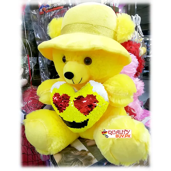 12'' Yellow Sequin Heart Fluffy Teddy Bear Hat for Girls Kids