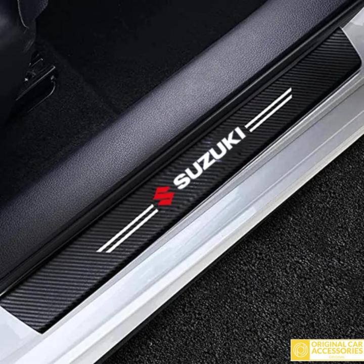 SUZUKI LOGO CARBON FIBER SILL PROTECTOR 4 Pcs -SCUFF PLATE CARBON FIBRE, PROTECT DOOR ANTI SCRATCH FOR CARS (SUZUKI)