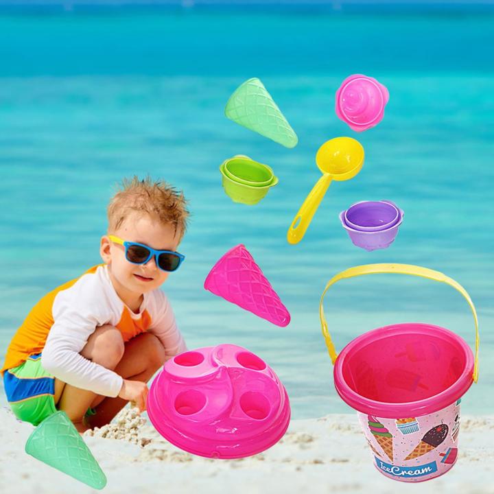 Kids Beach Toys Bucket Pail Ice Cream Molds Sand Playset For 4-8 Years Old
