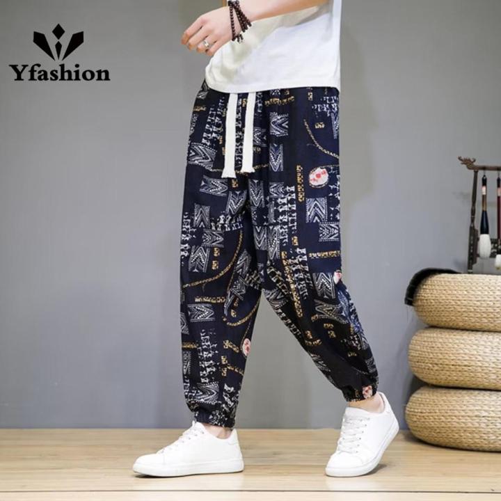 Yfashion Men Harem Pants Trendy Chinese Style Printing Thin Trousers Contrast Color Loose Casual Cotton Linen Pants
