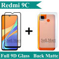 Xiaomi Redmi 9C Complete Black 9D Tempered Glass Full Glue Screen Guard + Back Matte Protector Soft Skin Sheet For Redmi 9C - Transparent. 