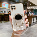 Maitus for Samsung Galaxy A12 Back Cover with Lanyard + Cute Astronaut Folding Stand Luxury 6D Plating Square Bumper Shiny Soft Silicone Cases Full Protection Phone Case. 