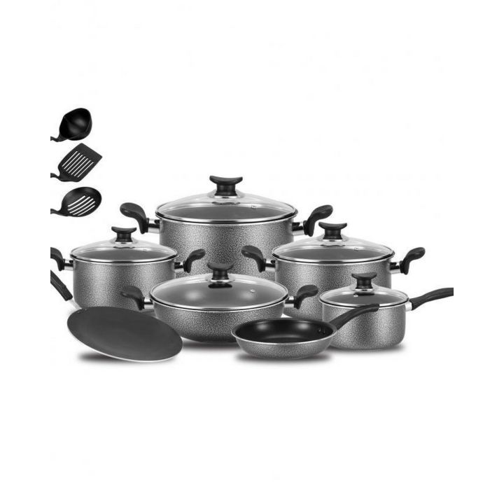 King COOK Non Stick Cookware Set - 15 Pcs - Grey & Black -