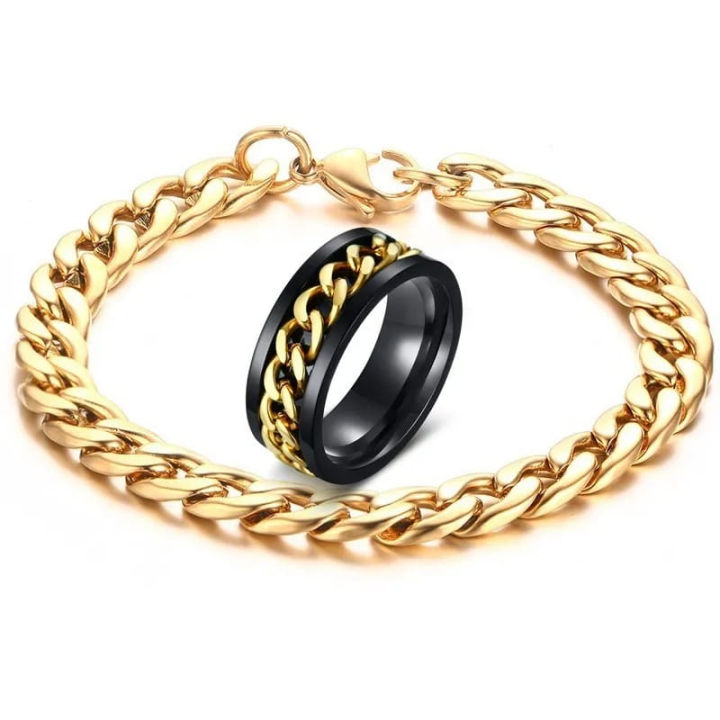 STAINLESS GOLDEN BLACK STEEL CLASSIC BRACELET AND RING COMBO FOR MEN AND BOYS