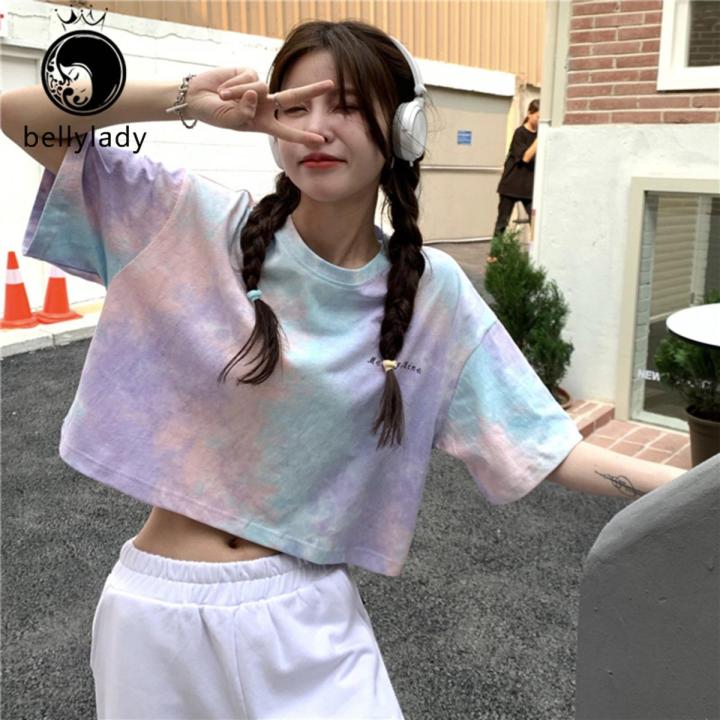 Women T-shirt Fashion Tie-dye Printed Short-sleeved Pullover Loose Contrast Color Crop Top