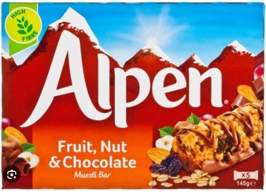 Alpen Cereal Bars Fruit & Nut with Milk Chocolate 145g (Pack of 5 Bars)