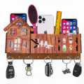 3D Home Decorative Wooden Organizer- 3D Wooden Phone Stand with Key Hooks - 3D Wooden Mobile Stand for 3 Phones - Wooden Holder for Phone, Keys, and Accessories - Wooden Organizer with 7 Steel hooks Tasbeeh Holder Remote Cover Rack Mobile Charger Holder. 